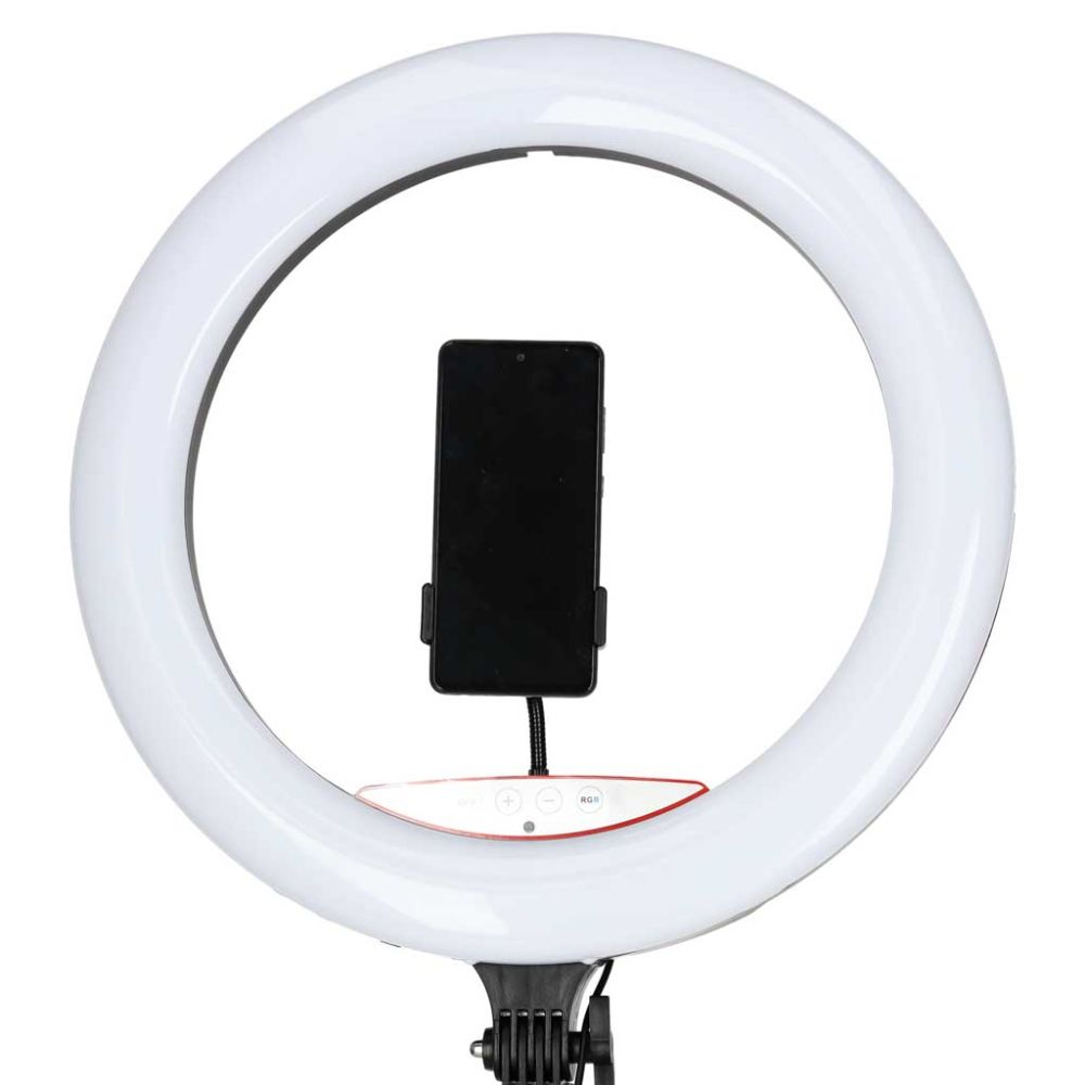 Žiedinė LED RGB lempa ant reguliuojamo trikojo su reguliuojama spalvos temperatūra 2700–7000 K ir telefono laikikliu