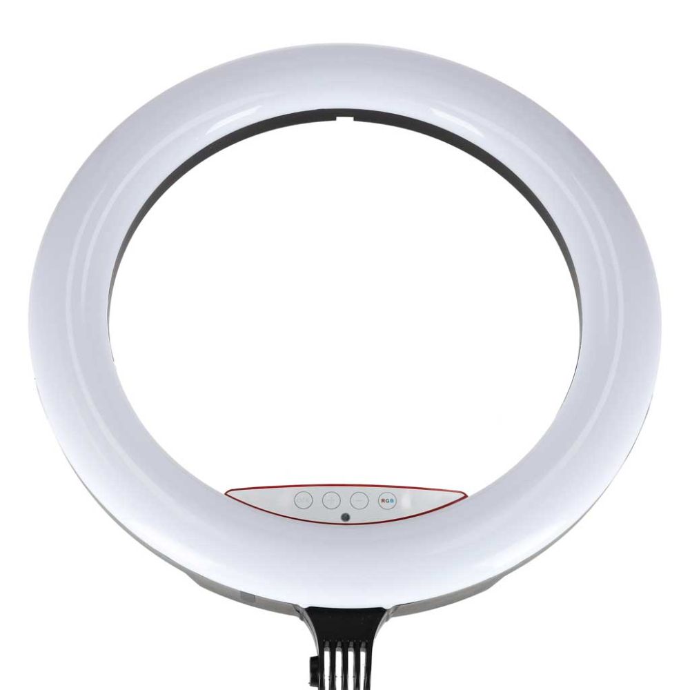 Žiedinė LED RGB lempa ant reguliuojamo trikojo su reguliuojama spalvos temperatūra 2700–7000 K ir telefono laikikliu