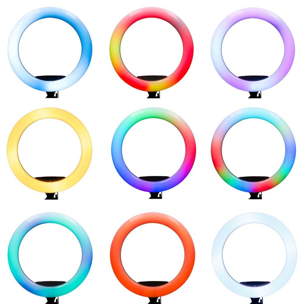Žiedinė LED RGB lempa ant reguliuojamo trikojo su reguliuojama spalvos temperatūra 2700–7000 K ir telefono laikikliu