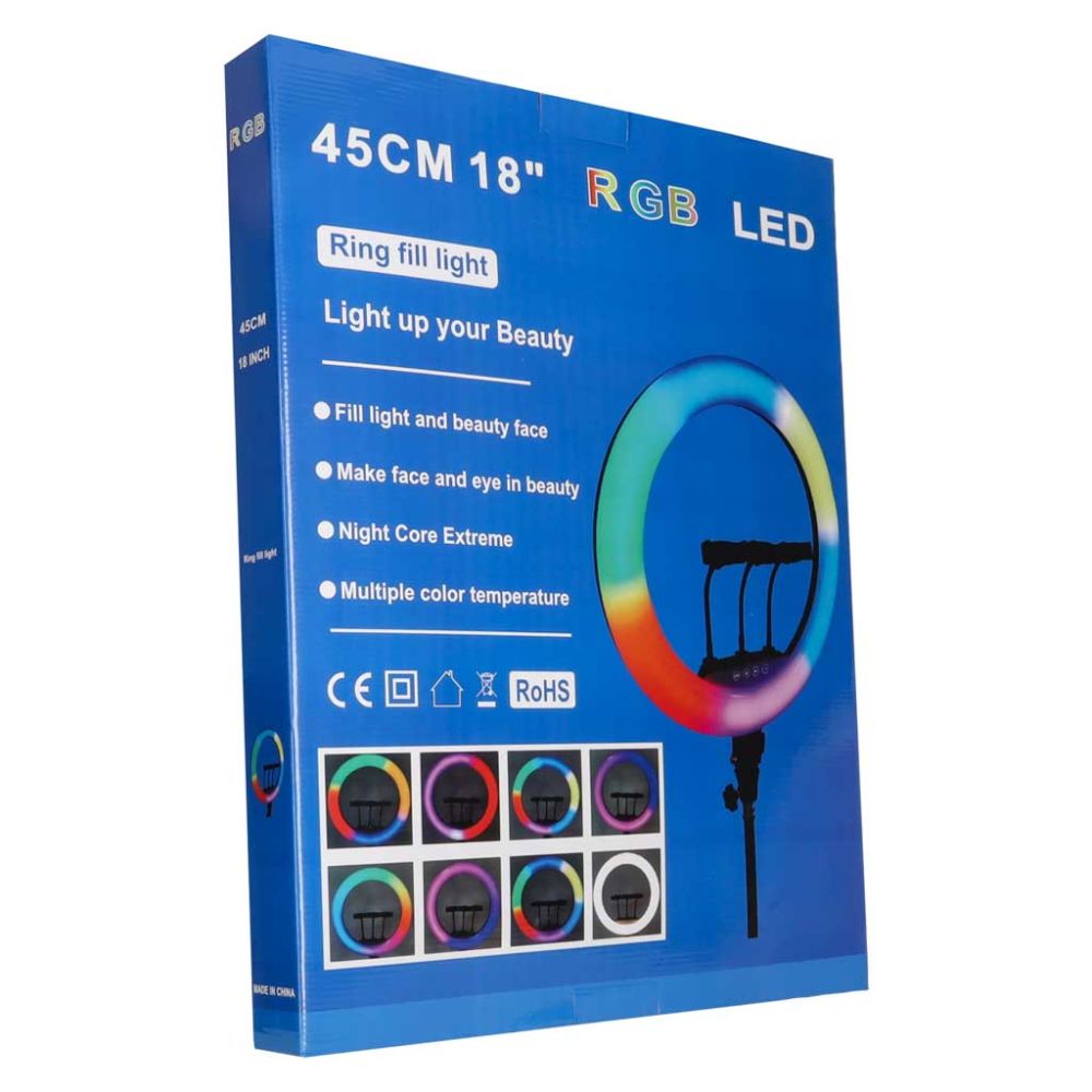 Žiedinė LED RGB lempa ant reguliuojamo trikojo su reguliuojama spalvos temperatūra 2700–7000 K ir telefono laikikliu