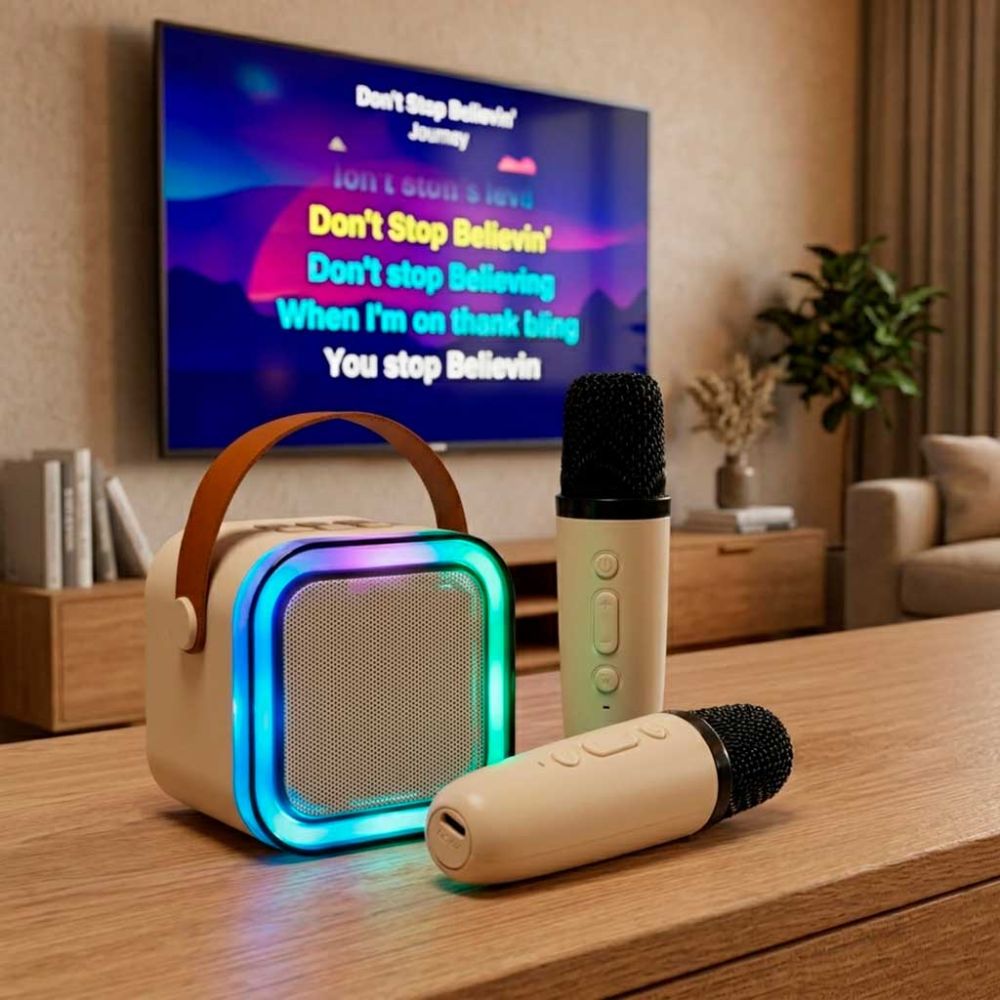 Karaokės rinkinys 2 mikrofonai + nešiojamas garsiakalbis BLUETOOTH USB LED smėlio spalvos