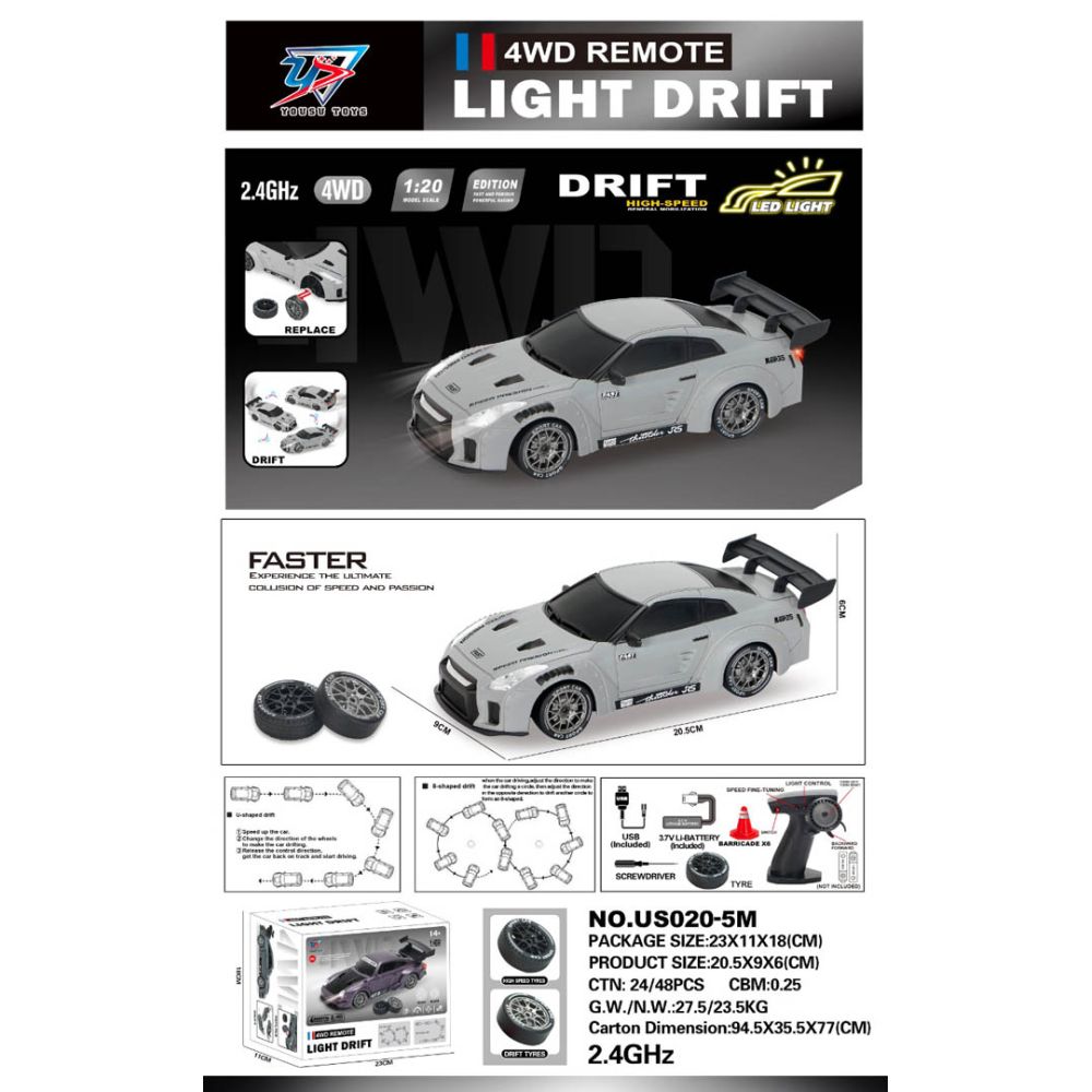 Autko R/C do Driftu 1:20 z Funkcją Świateł Szary