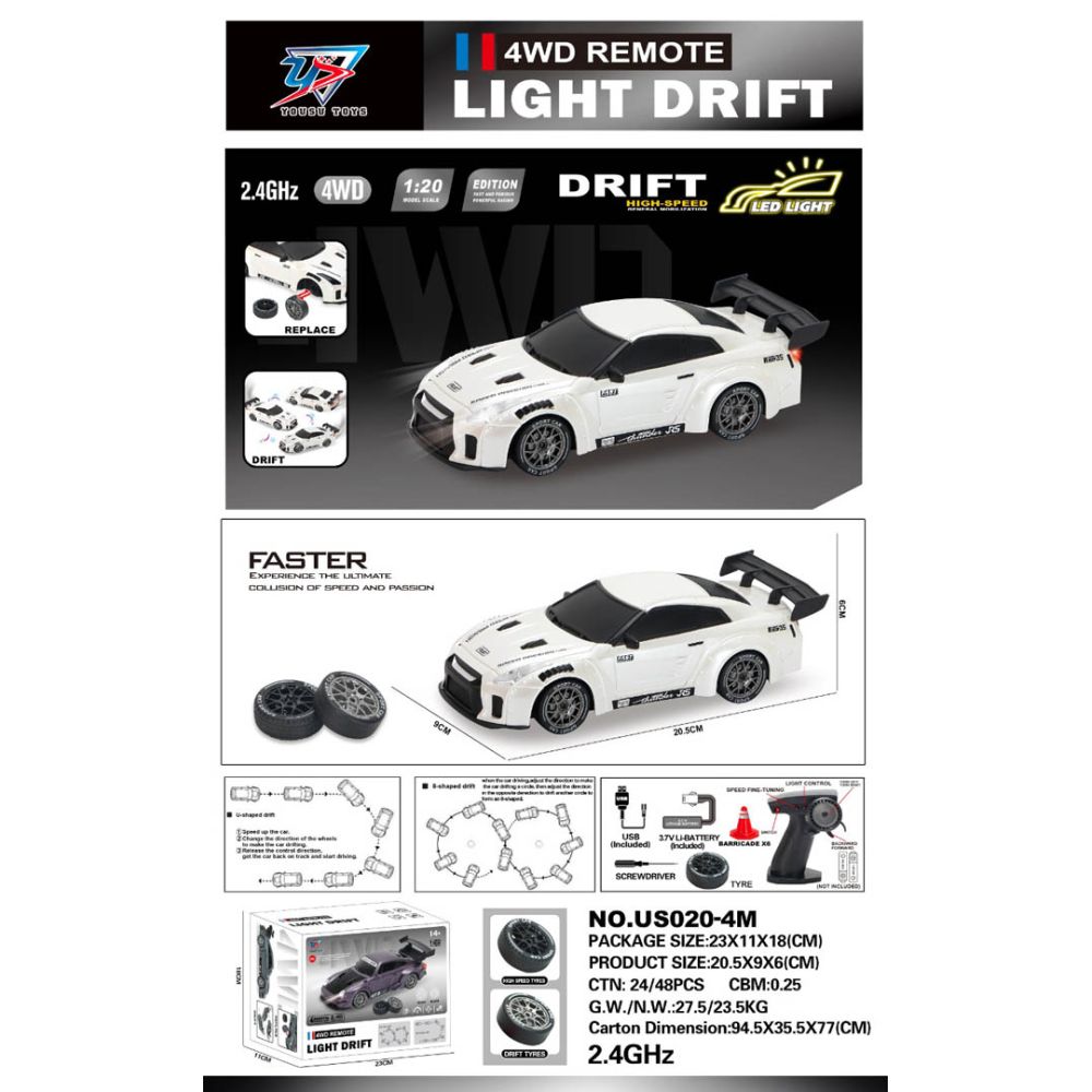 Autko R/C do Driftu 1:20 z Funkcją Świateł Biały