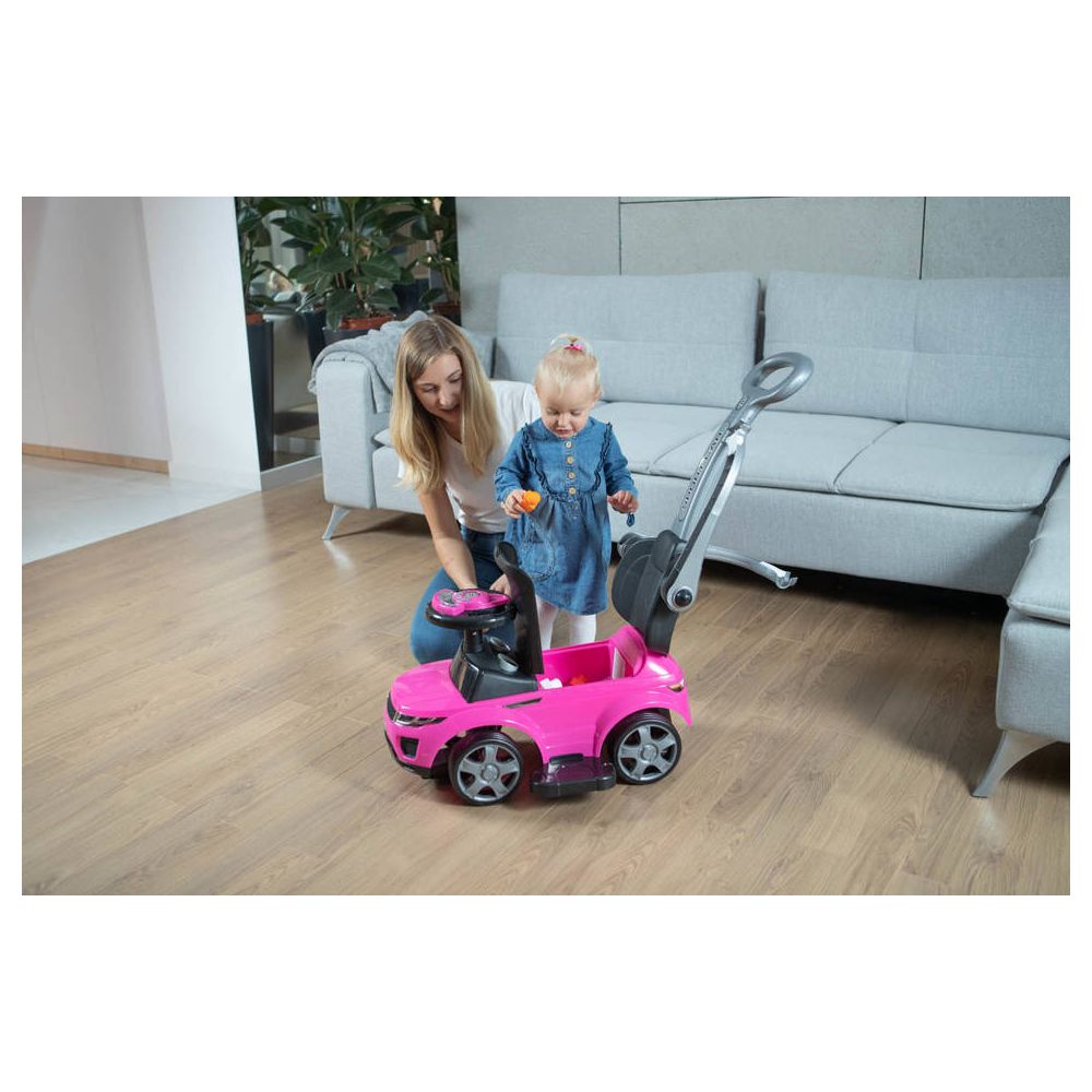 Paspiriama mašinėlė su rankena - 614R - guminiai ratai - PINK/BLACK