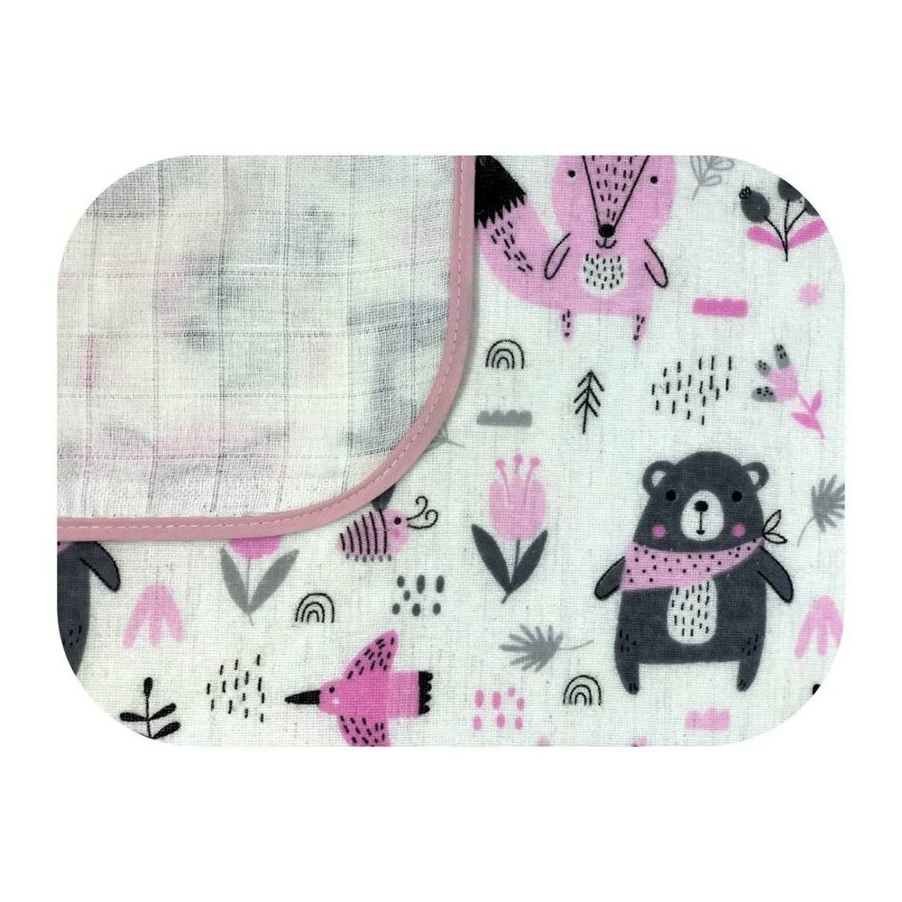Pervystymo antklodė / Diper -20627 - dvigubas sluoksnis - FLANEL / TETRA - EGA - FOREST ANIMALS - PINK - dydis 80x80 cm