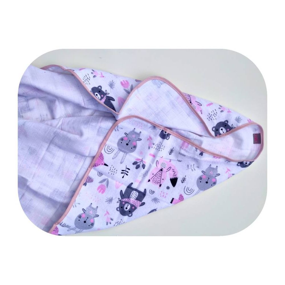 Pervystymo antklodė / Diper -20627 - dvigubas sluoksnis - FLANEL / TETRA - EGA - FOREST ANIMALS - PINK - dydis 80x80 cm