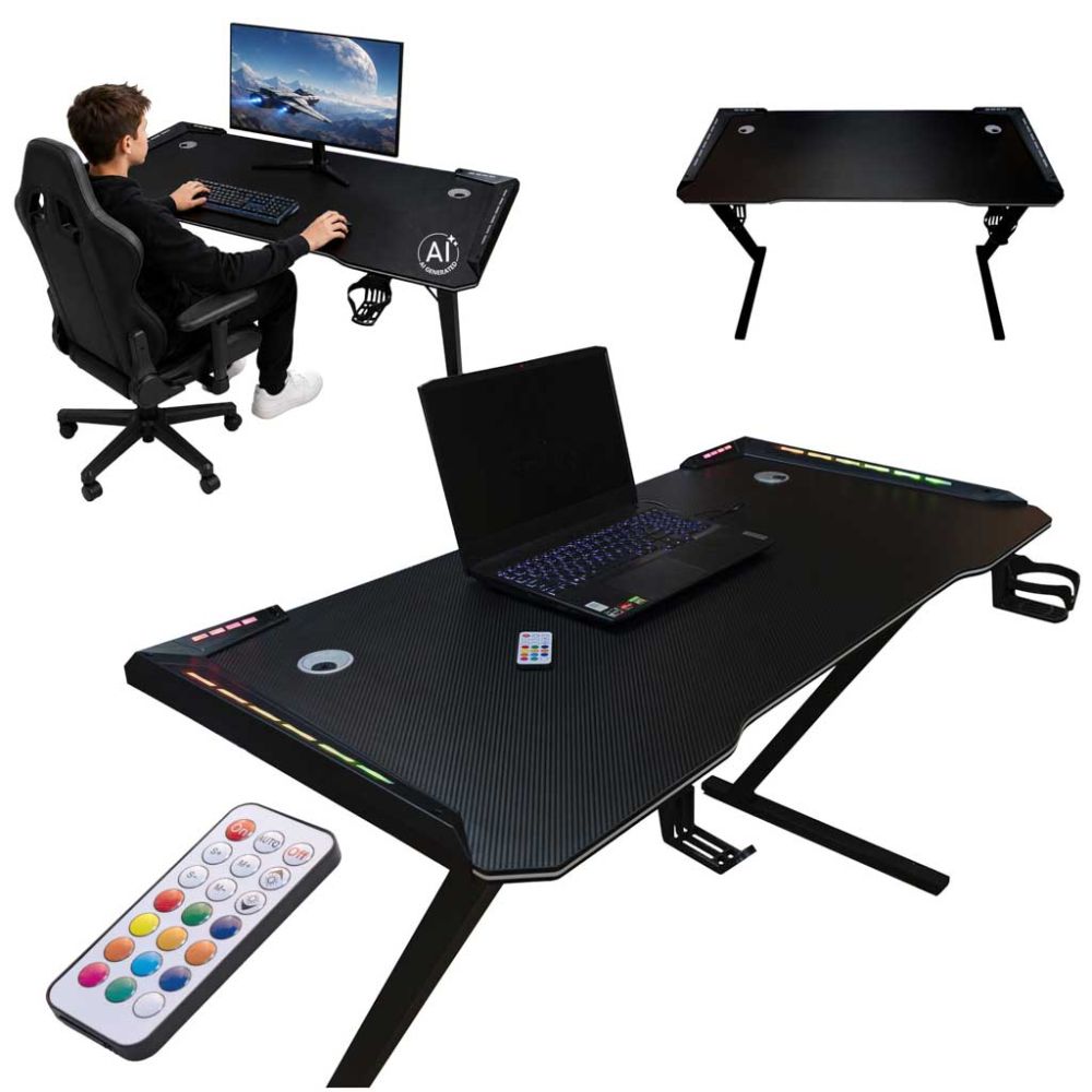 Žaidimų stalas su LED foniniu apšvietimu RGB kompiuterio laikikliai 120x60cm