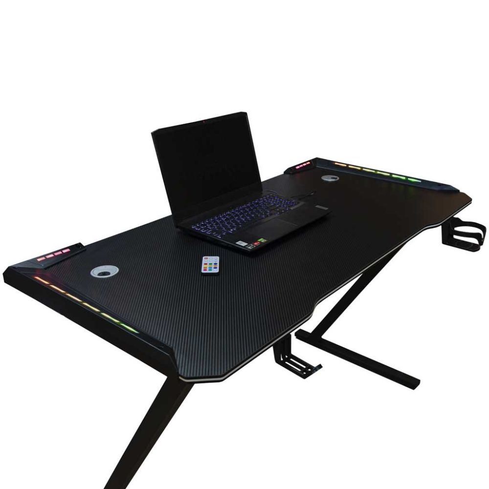 Žaidimų stalas su LED foniniu apšvietimu RGB kompiuterio laikikliai 120x60cm