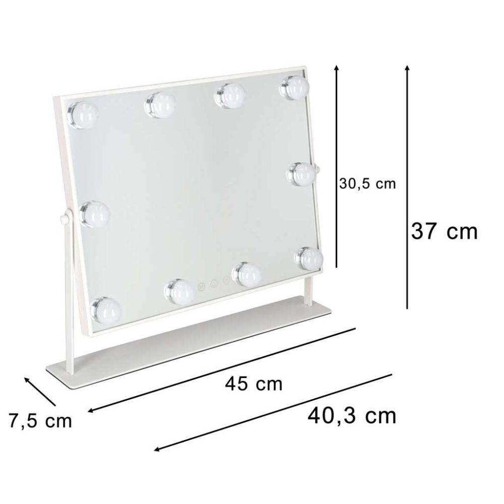 Kosmetinis veidrodis su 10 LED lempučių ir 3 šviesos spalvomis, baltas, 45×37×7,5cm
