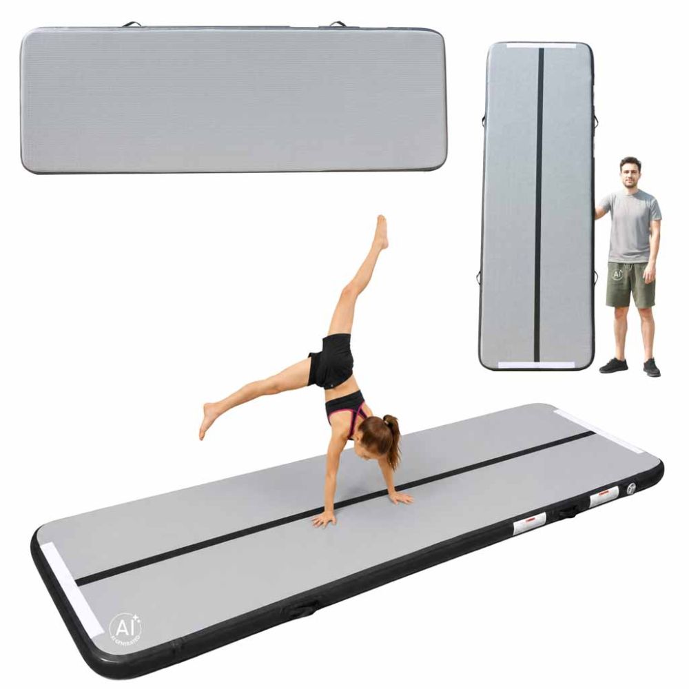 Gimnastikos kilimėlis Air Track su elektrine pompa 300x100x10cm, pilkas su juodais elementais