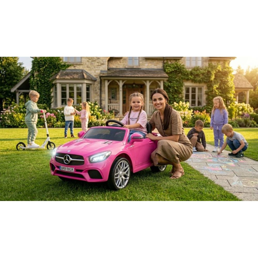 „Mercedes SL500“ – baterijomis maitinamas automobilis vaikams, su EVA ratais, odinis apmušalas, rožinis
