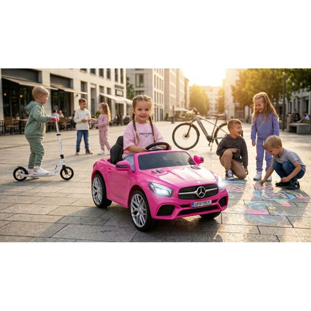 „Mercedes SL500“ – baterijomis maitinamas automobilis vaikams, su EVA ratais, odinis apmušalas, rožinis