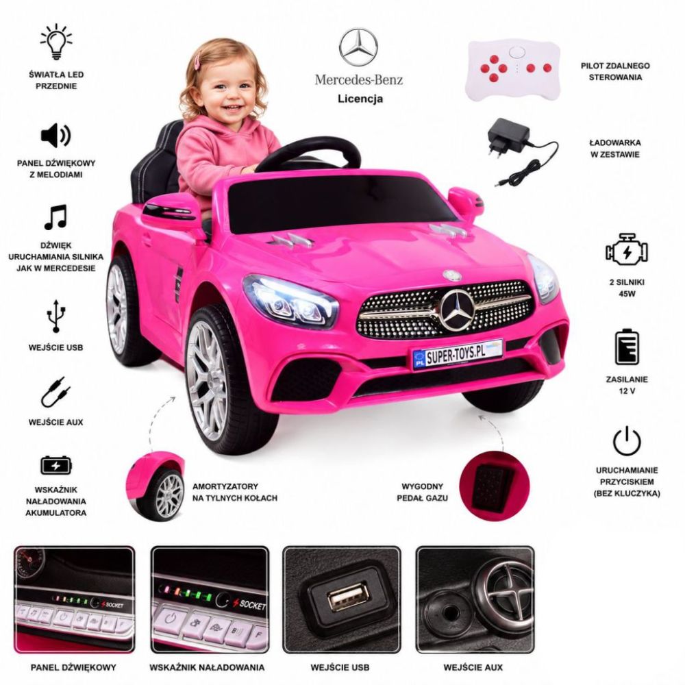 „Mercedes SL500“ – baterijomis maitinamas automobilis vaikams, su EVA ratais, odinis apmušalas, rožinis