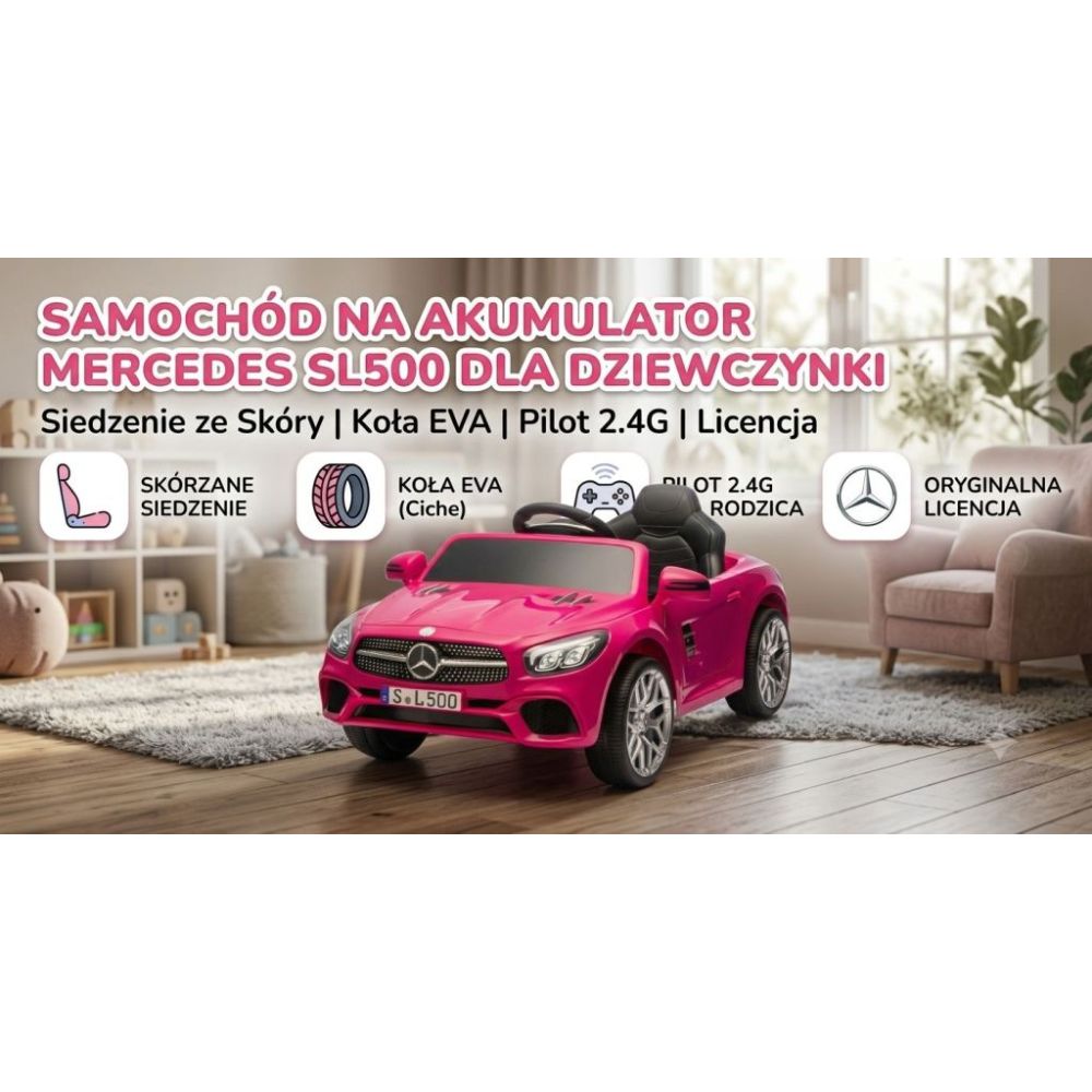 „Mercedes SL500“ – baterijomis maitinamas automobilis vaikams, su EVA ratais, odinis apmušalas, rožinis