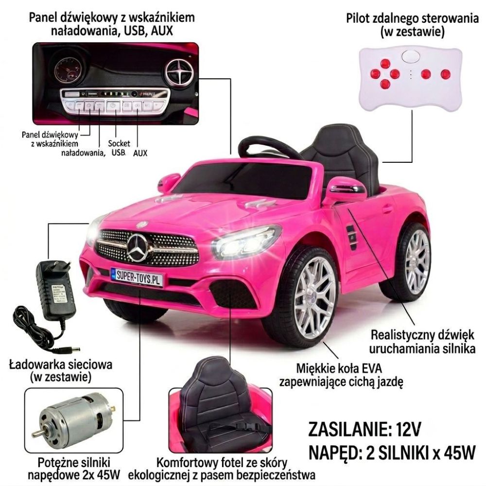 „Mercedes SL500“ – baterijomis maitinamas automobilis vaikams, su EVA ratais, odinis apmušalas, rožinis
