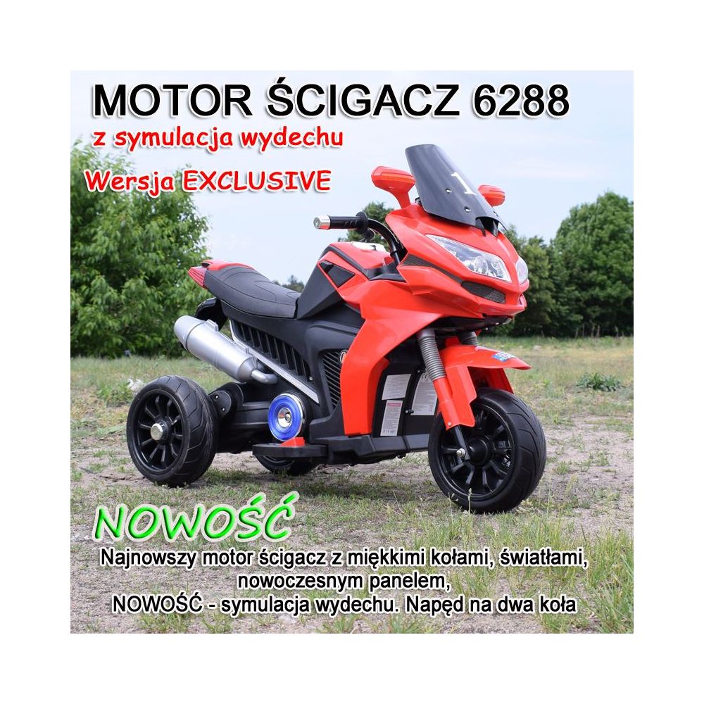 DUŻY MOTOR ŚCIGACZ Z SYMULACJĄ WYDECHU, MIĘKKIE KOŁA STRONG 2 EXCLUSIVE/6288A