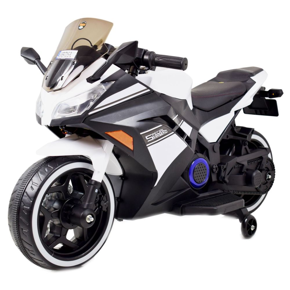 MEGA MOTOR LENKTYNIŲ MOTOCIKLAS STRONG 2 EXCLUSIVE, ŠVIESANČIOS RATAI, AKCELERATORIUS ANT RANKENĖLĖS, STABDYS/DLS07