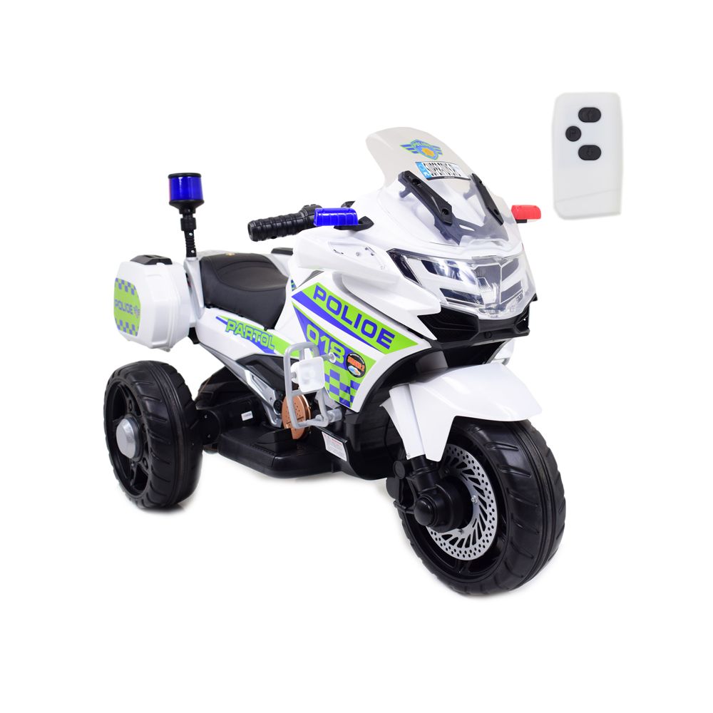 GREITAS POLICIJOS MOTOCIKLAS SU ŠVIESOS SIGNALU, MINKŠTI RATAI, GARSO EFEKTAI, DU VARIKLIAI, NUOTOLINIO VALDYMO PULTAS/NT5188