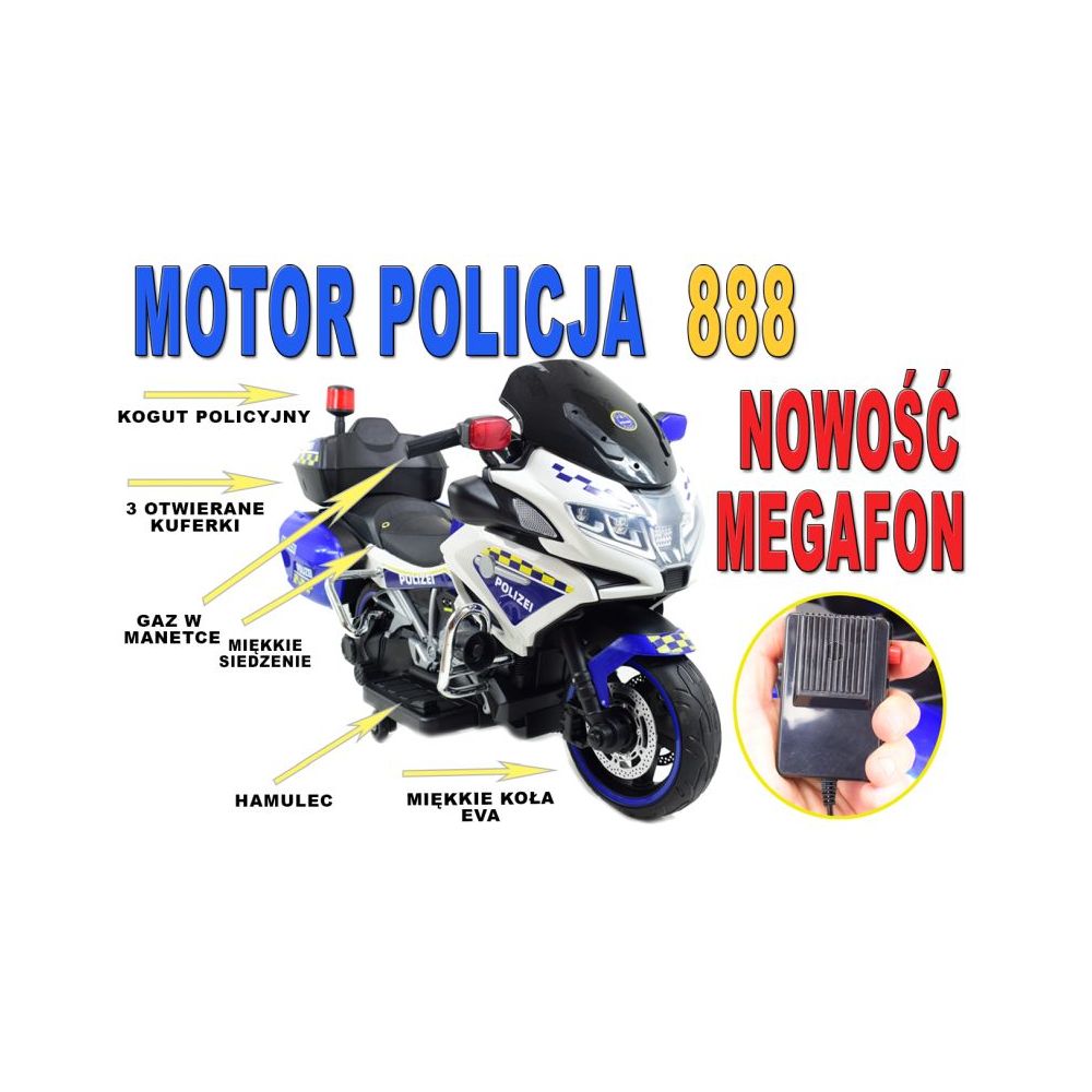 OLBRZYMI SUPER MOTOR ŚCIGACZ POLICYJNY,MIĘKKIE KOŁA, MIĘKKIE SIEDZENIE, GAZ W RĄCZCE, HAMULEC /MH888