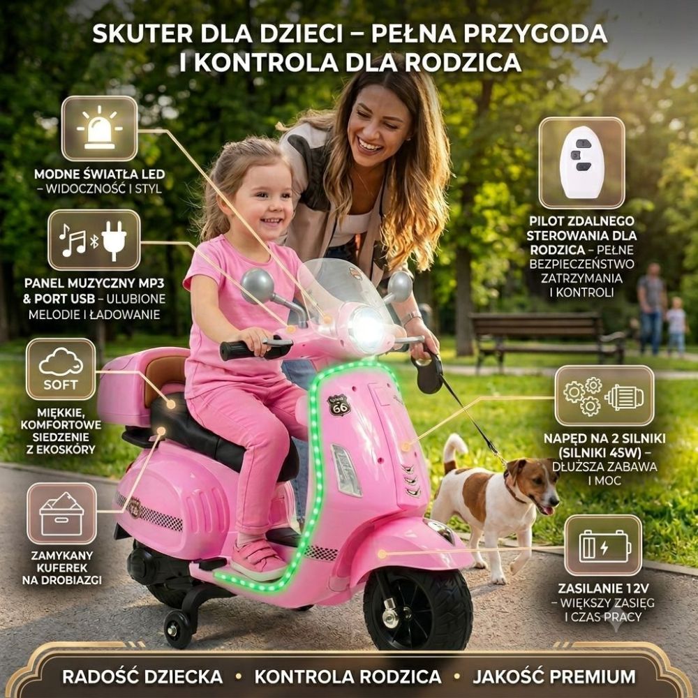 Mergaitėms skirtas akumuliatorinis motoroleris su nuotolinio valdymo pultu / HLW1388