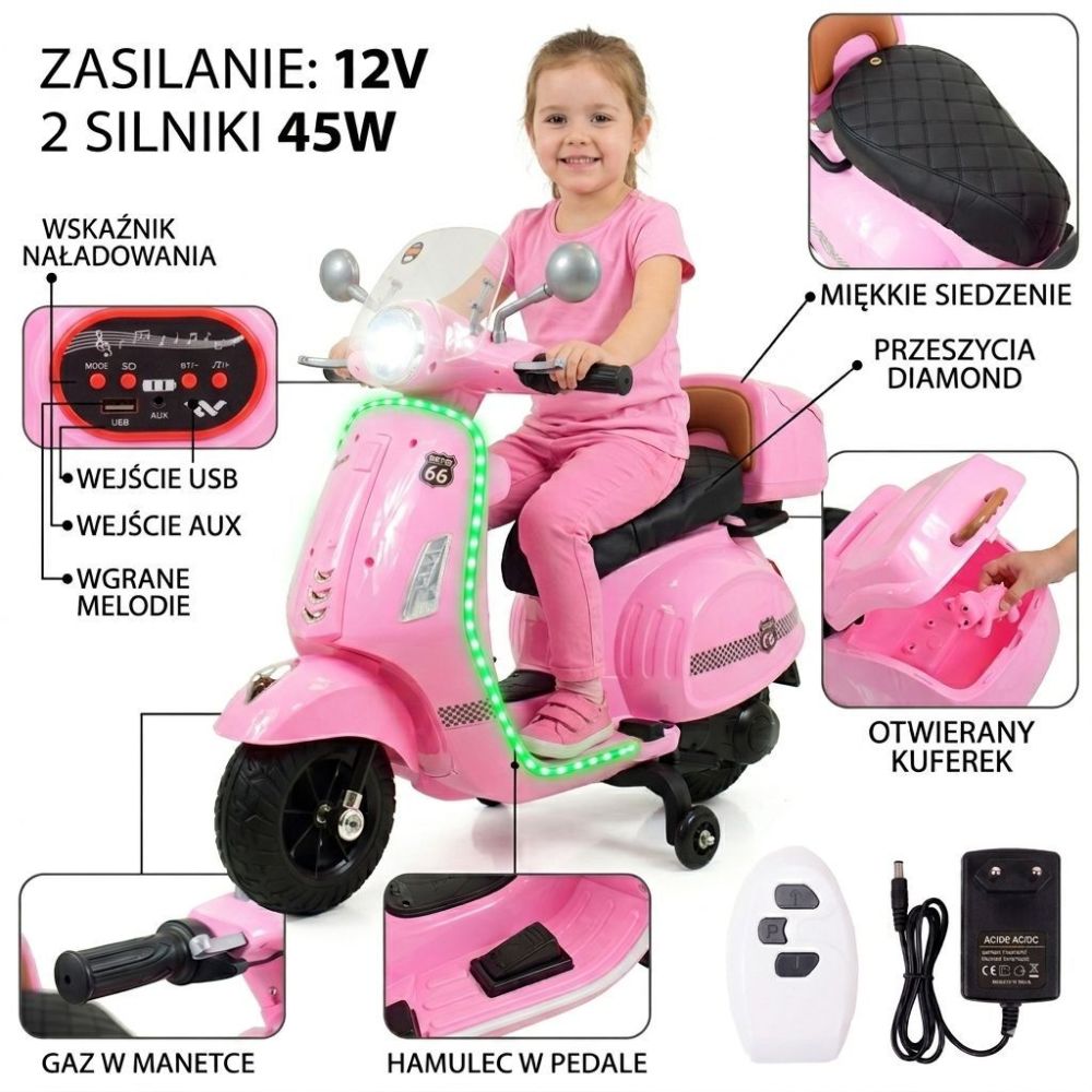 Mergaitėms skirtas akumuliatorinis motoroleris su nuotolinio valdymo pultu / HLW1388