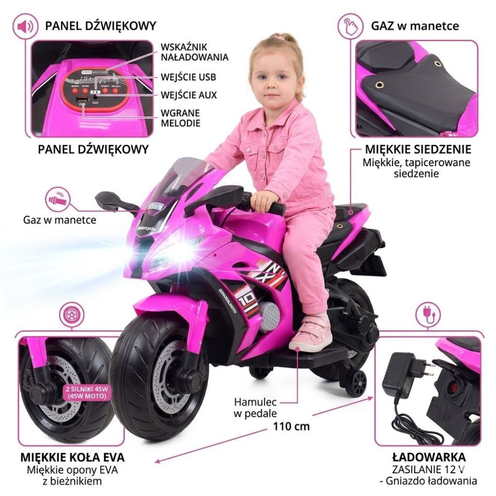 Didelis lenktyninis motociklas turi akumuliatorių, minkštus ratus, minkštą sėdynę / OZB909