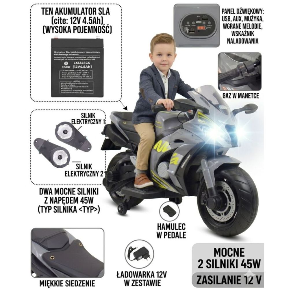 Didelis lenktyninis motociklas turi akumuliatorių, minkštus ratus, minkštą sėdynę / OZB909