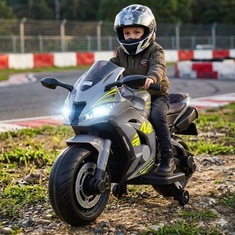 Didelis lenktyninis motociklas turi akumuliatorių, minkštus ratus, minkštą sėdynę / OZB909