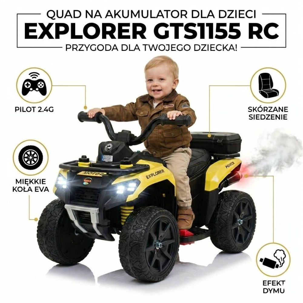 „EXPLORER“ AKUMULIATORINIS KVADRACIKLAS – NUOTOLINIO VALDYMO PULTAS, IŠMETIMO GARSO IMITACIJA, MINKŠTI RATAI, ODA/GTS1155