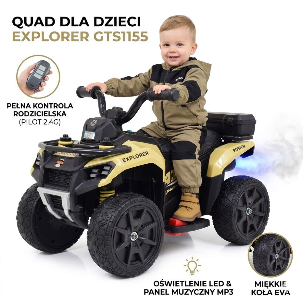 „EXPLORER“ AKUMULIATORINIS KVADRACIKLAS – NUOTOLINIO VALDYMO PULTAS, IŠMETIMO GARSO IMITACIJA, MINKŠTI RATAI, ODA/GTS1155
