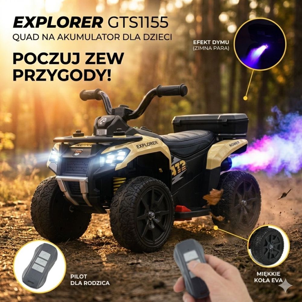„EXPLORER“ AKUMULIATORINIS KVADRACIKLAS – NUOTOLINIO VALDYMO PULTAS, IŠMETIMO GARSO IMITACIJA, MINKŠTI RATAI, ODA/GTS1155