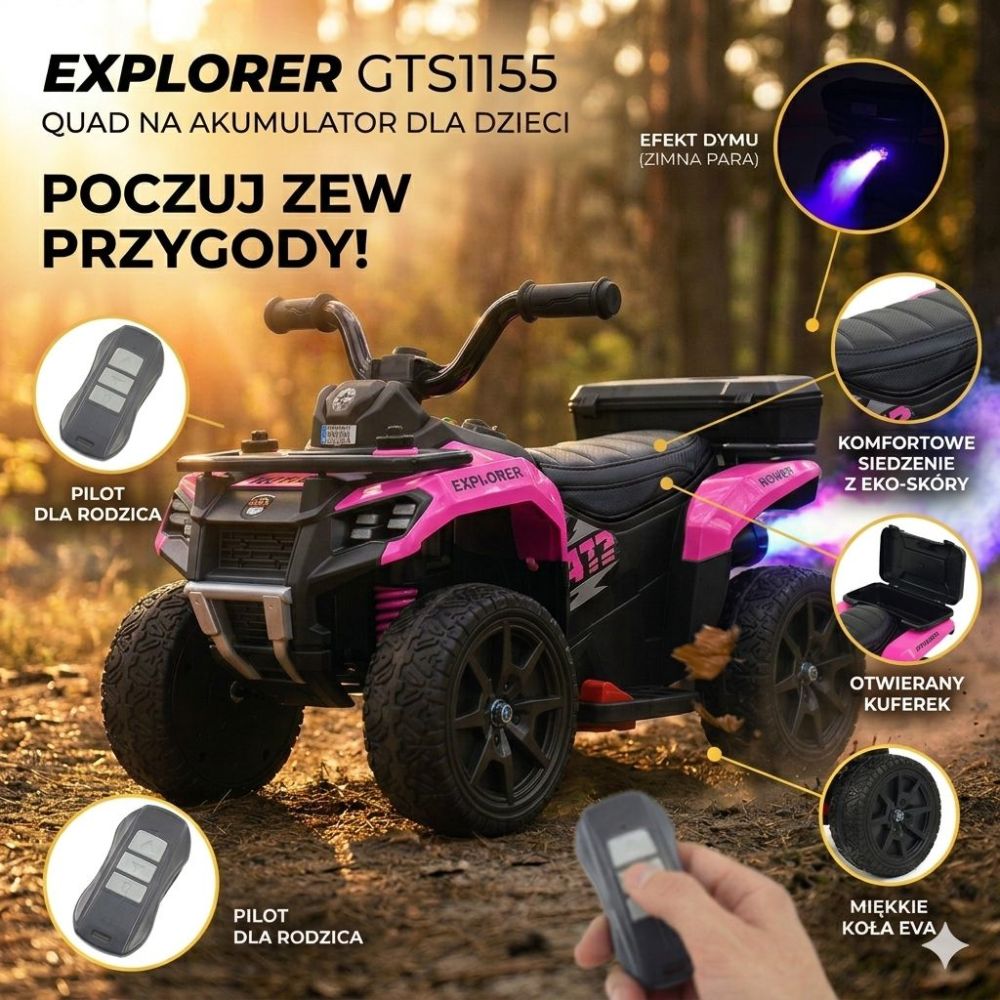 „EXPLORER“ AKUMULIATORINIS KVADRACIKLAS – NUOTOLINIO VALDYMO PULTAS, IŠMETIMO GARSO IMITACIJA, MINKŠTI RATAI, ODINIS APDAILOS DA