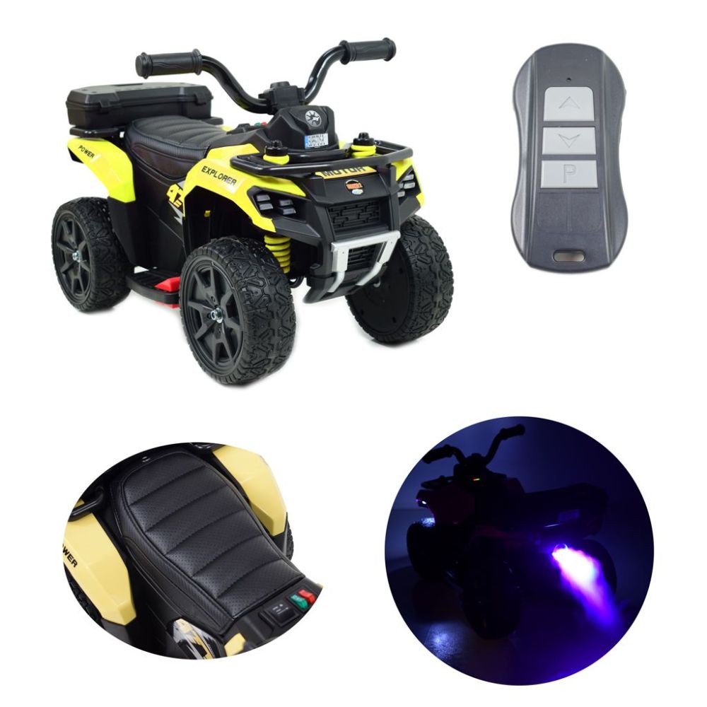 „EXPLORER“ AKUMULIATORINIS KVADRACIKLAS – NUOTOLINIO VALDYMO PULTAS, IŠMETIMO GARSO IMITACIJA, MINKŠTI RATAI, ODA/GTS1155