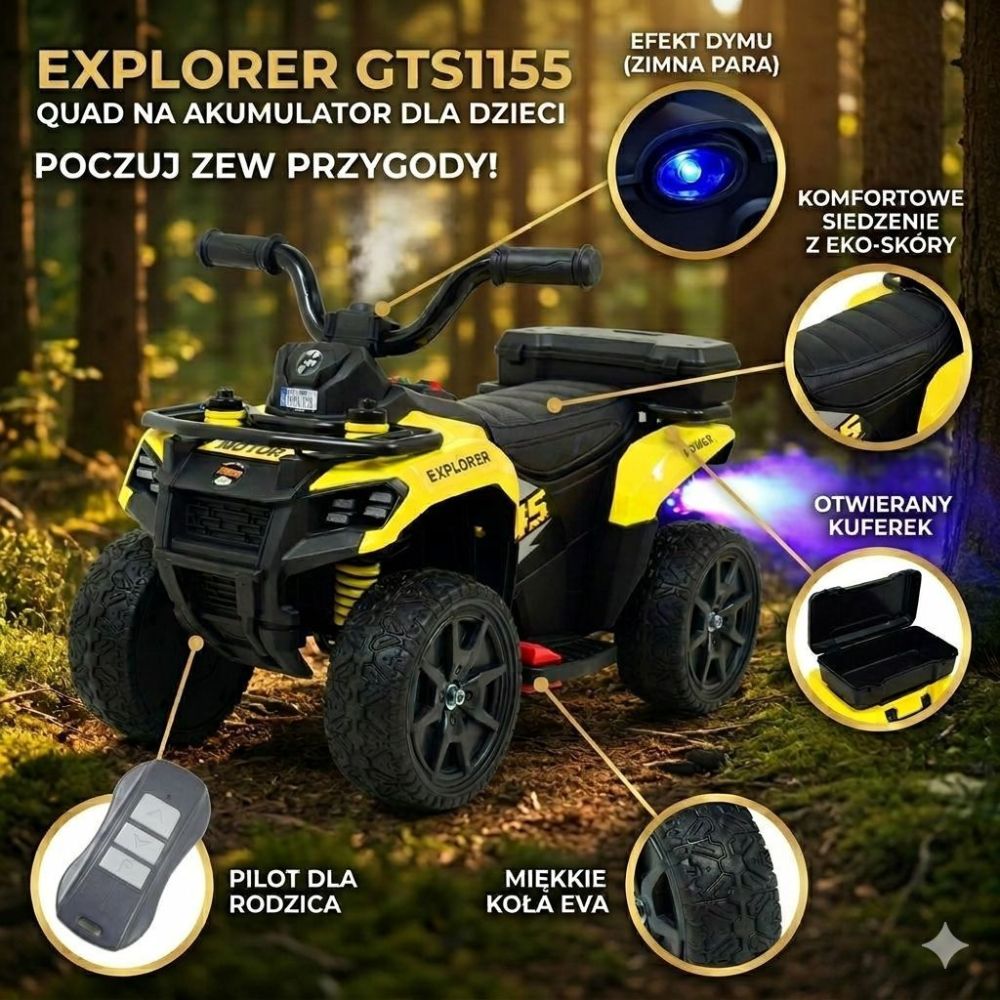 „EXPLORER“ AKUMULIATORINIS KVADRACIKLAS – NUOTOLINIO VALDYMO PULTAS, IŠMETIMO GARSO IMITACIJA, MINKŠTI RATAI, ODA/GTS1155
