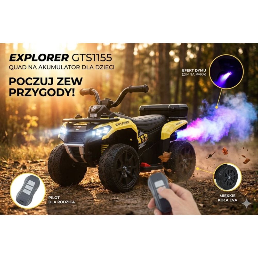 „EXPLORER“ AKUMULIATORINIS KVADRACIKLAS – NUOTOLINIO VALDYMO PULTAS, IŠMETIMO GARSO IMITACIJA, MINKŠTI RATAI, ODA/GTS1155