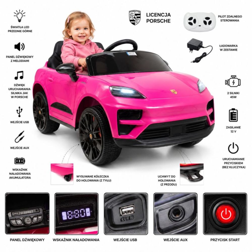 Oryginalne Porsche Macan na akumulator dla dziewczynki różowe/DK666