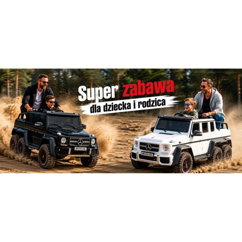 MEGA TRANSPORTO PRIEMONĖ – ORIGINALUS „MERCEDES G63“, 6X6 VARIKLIS, MINKŠTI RATAI, MINKŠTA SĖDYNĖ, SĖDYNĖ TĖVUI, 12 V 14 AH / AB