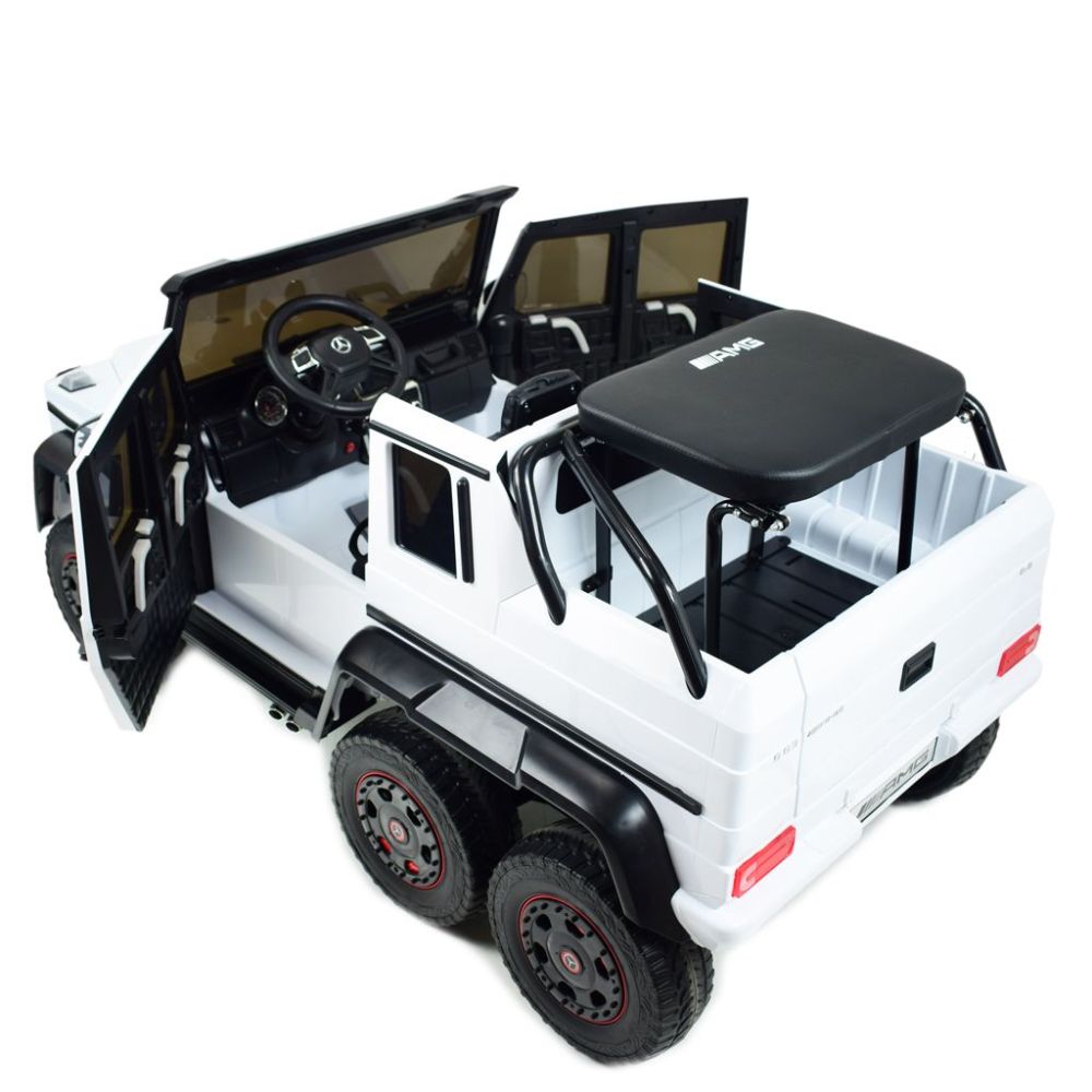 MEGA TRANSPORTO PRIEMONĖ – ORIGINALUS „MERCEDES G63“, 6X6 VARIKLIS, MINKŠTI RATAI, MINKŠTA SĖDYNĖ, SĖDYNĖ TĖVUI, 12 V 14 AH / AB