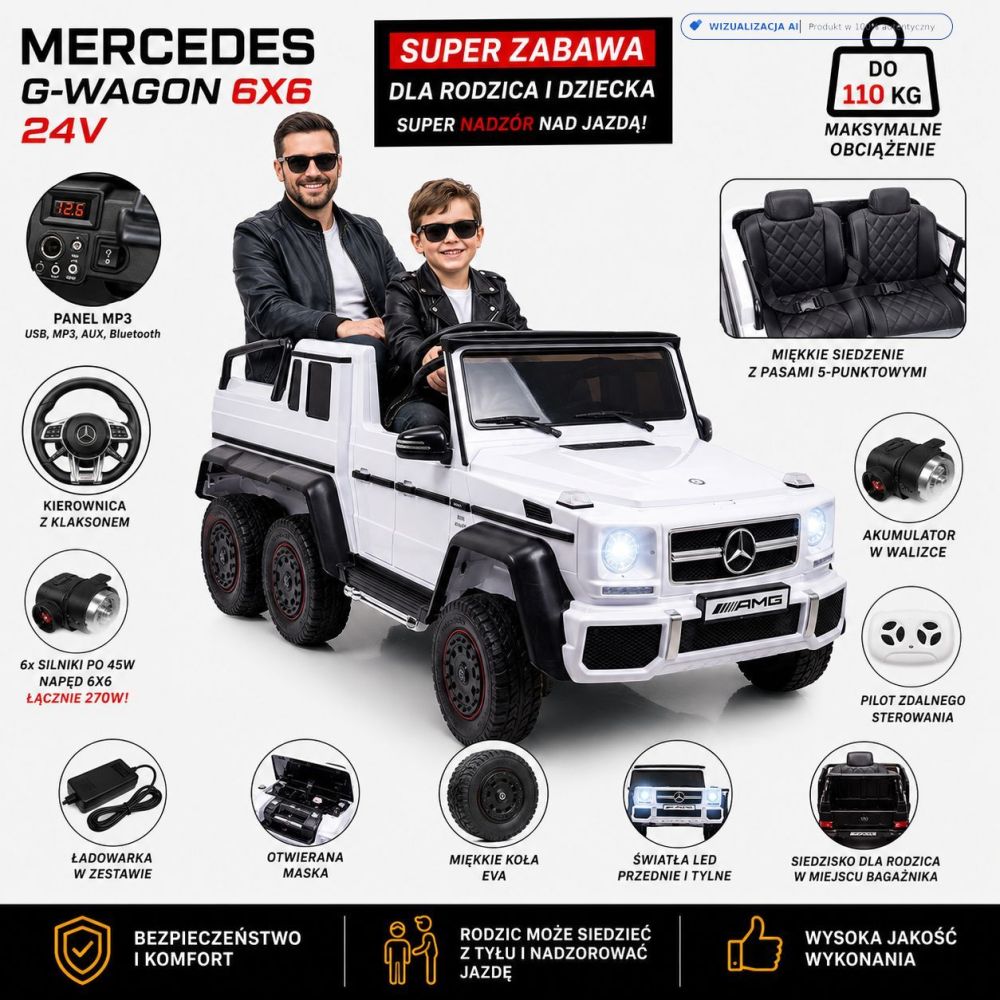 MEGA POJAZD- ORYGINALNY MERCEDES G63, NAPĘD 6X6, MIĘKKIE KOŁA, MIĘKKIE SIEDZENIE, SIEDZENIE DLA RODZICA, 12v14AH/ABL-1801