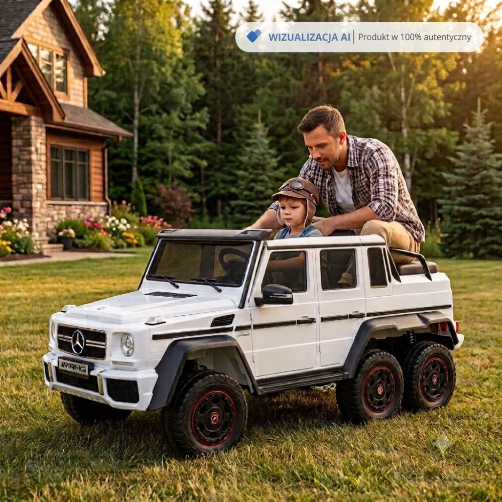 MEGA TRANSPORTO PRIEMONĖ – ORIGINALUS „MERCEDES G63“, 6X6 VARIKLIS, MINKŠTI RATAI, MINKŠTA SĖDYNĖ, SĖDYNĖ TĖVUI, 12 V 14 AH / AB