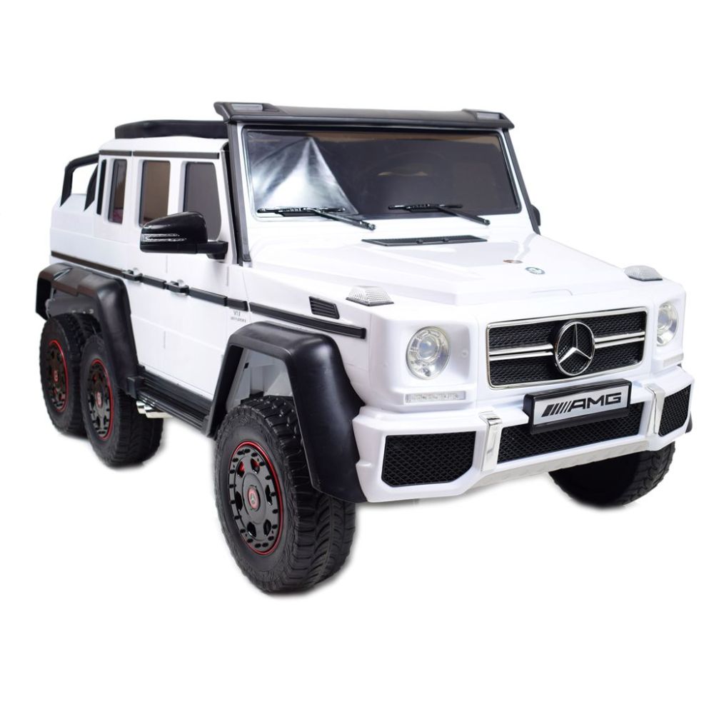 MEGA TRANSPORTO PRIEMONĖ – ORIGINALUS „MERCEDES G63“, 6X6 VARIKLIS, MINKŠTI RATAI, MINKŠTA SĖDYNĖ, SĖDYNĖ TĖVUI, 12 V 14 AH / AB