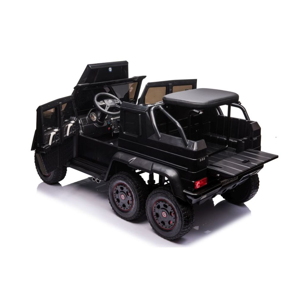 MEGA TRANSPORTO PRIEMONĖ – ORIGINALUS „MERCEDES G63“, 6X6 VARIKLIS, MINKŠTI RATAI, MINKŠTA SĖDYNĖ, SĖDYNĖ TĖVUI, 12 V 14 AH/ABL-