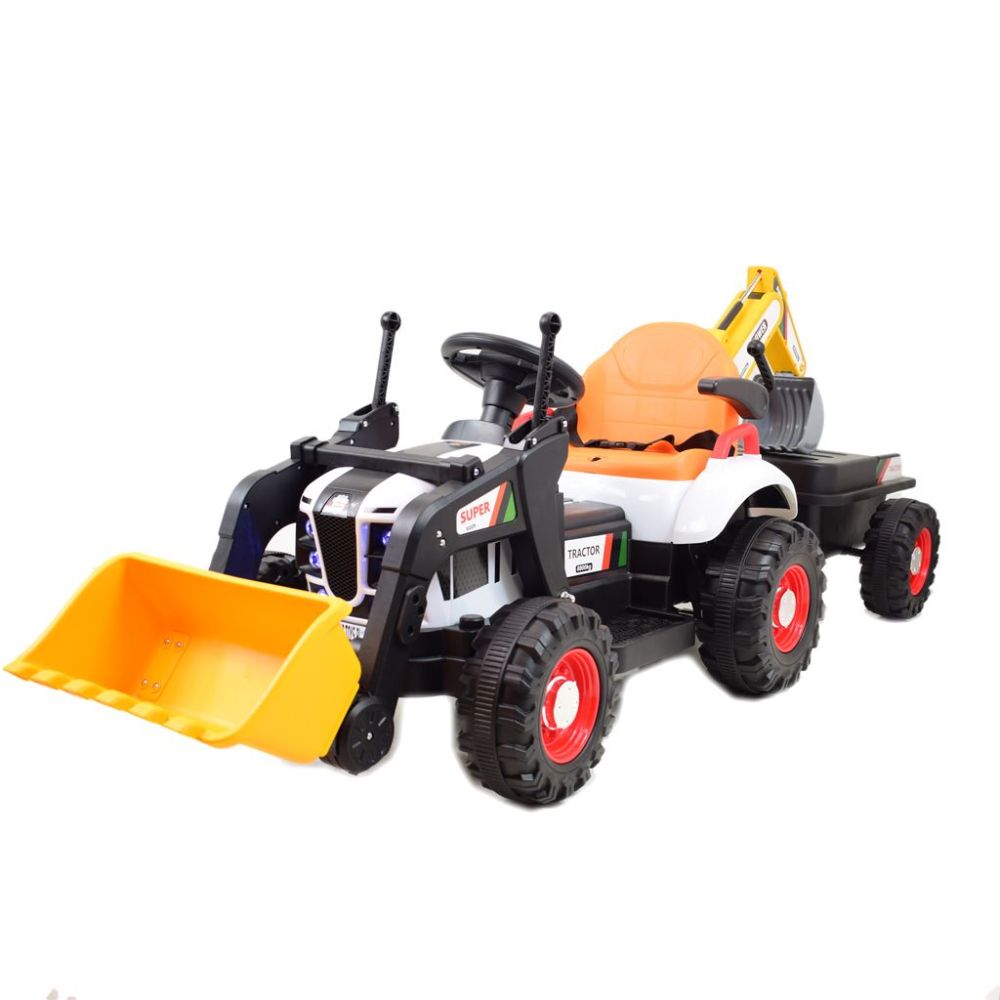 Super DWUSTRONNY traktor na akumulator ze spychaczem, koparką i przyczepą/BEJ1588