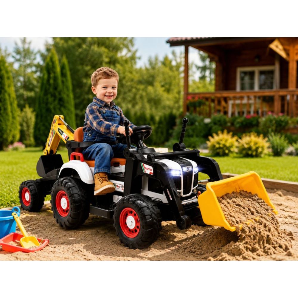 Super DWUSTRONNY traktor na akumulator ze spychaczem, koparką i przyczepą/BEJ1588