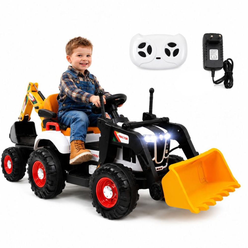 Super DWUSTRONNY traktor na akumulator ze spychaczem, koparką i przyczepą/BEJ1588