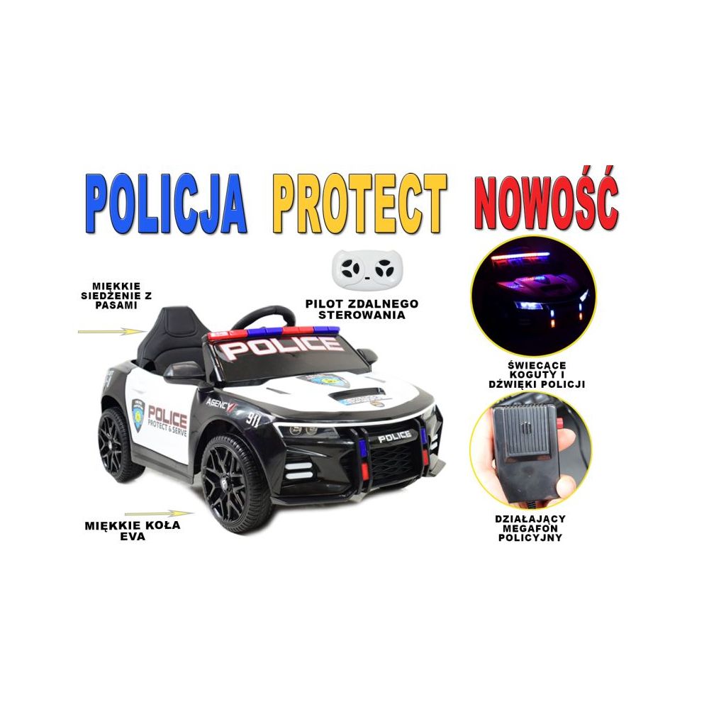 SAMOCHÓD POLICYJNY PROTECT NA AKUMULATOR, MEGAFON, KOGUTY, JAKOSĆ/XMX-629