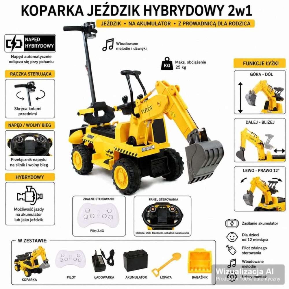 3-in-1 akumuliatorinis ekskavatorius vaikams – geltonas hibridinis važiuojamasis žaislas su nuotolinio valdymo pultu ir priekaba