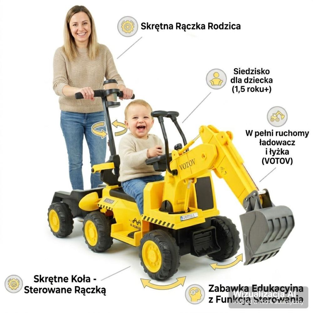3-in-1 akumuliatorinis ekskavatorius vaikams – geltonas hibridinis važiuojamasis žaislas su nuotolinio valdymo pultu ir priekaba