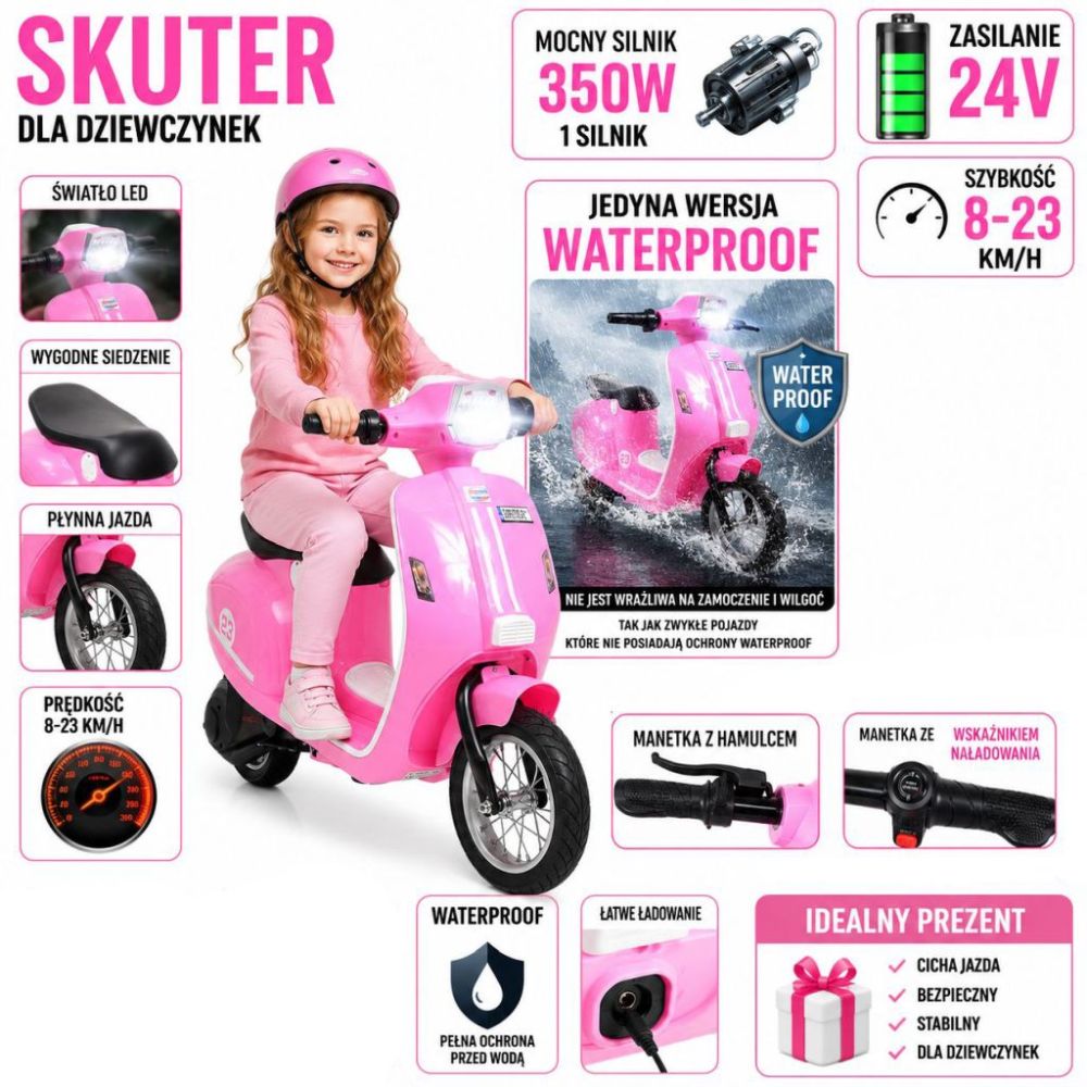 Akumuliatorinis rožinis retro motoroleris WATERPROOF/sx-2438