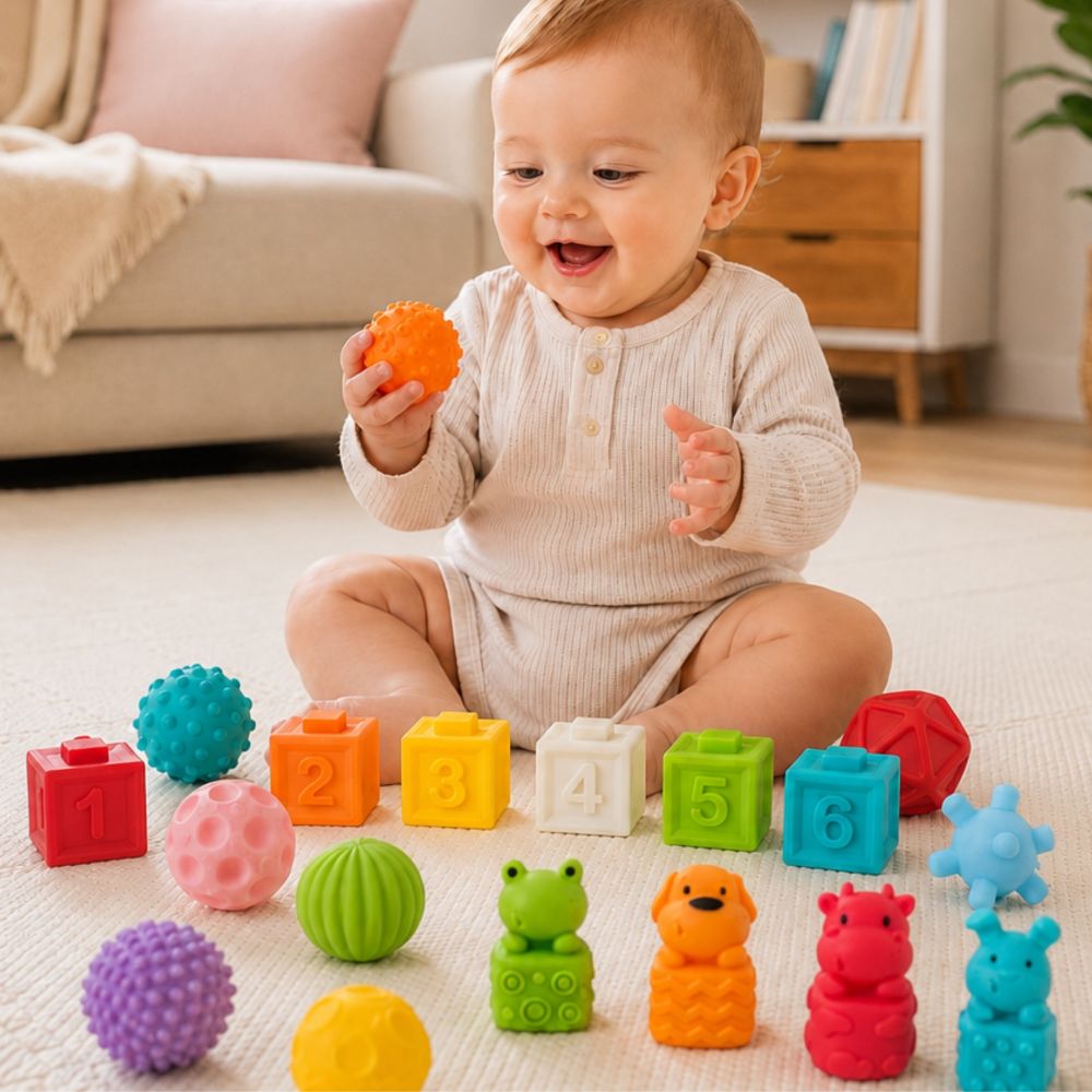 Sensorinių kubelių rinkinys WOOPIE BABY su garsais, skaičiavimo mokymasis, 20 vnt
